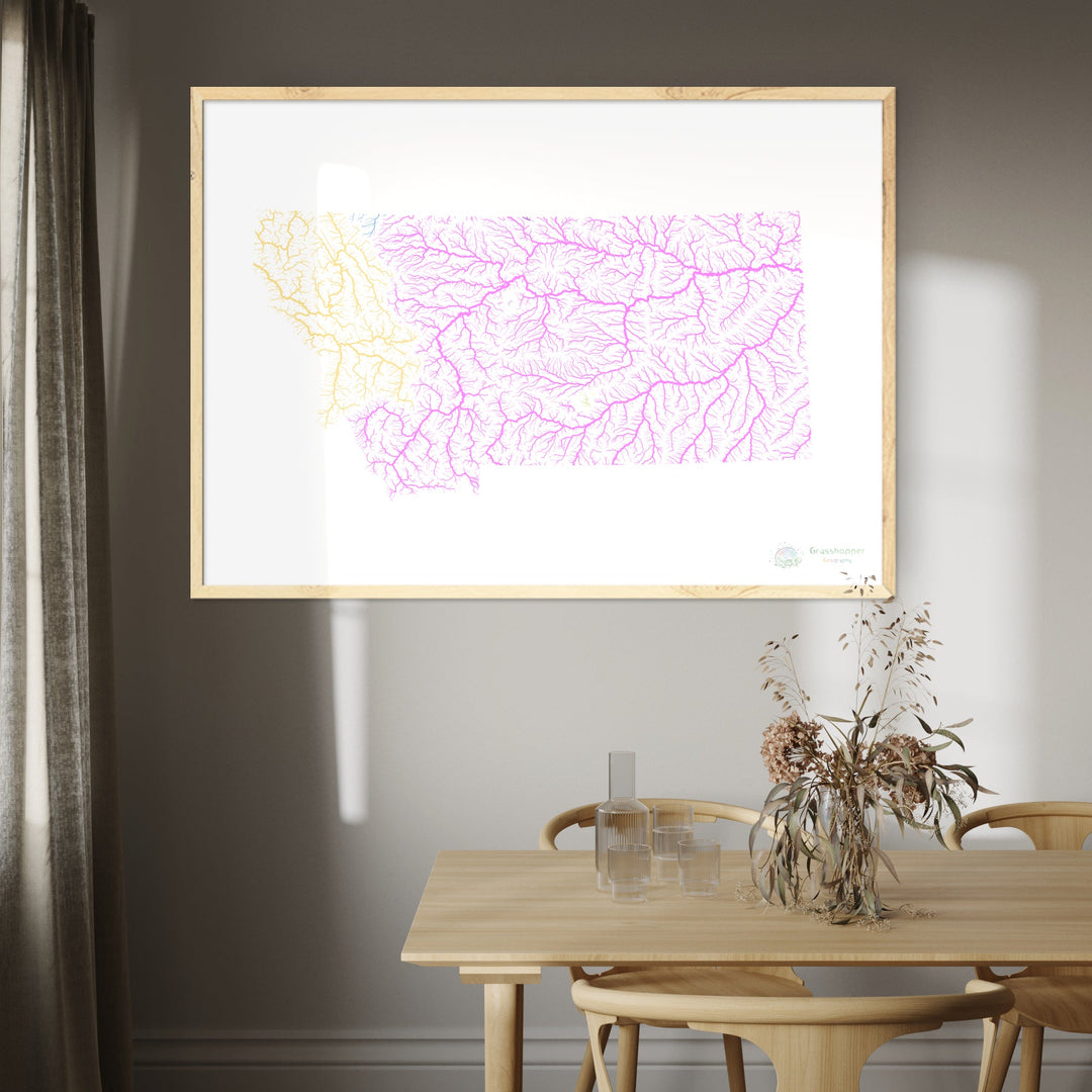 Montana - Carte du bassin fluvial, pastel sur blanc - Fine Art Print
