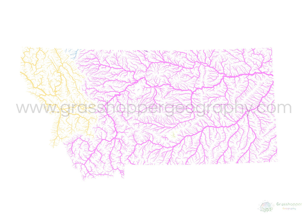 Montana - Mapa de la cuenca del río, pastel sobre blanco - Impresión de Bellas Artes