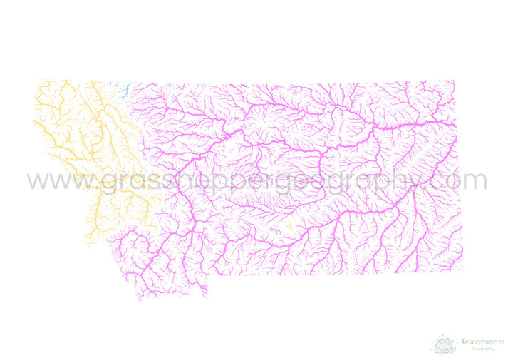 Montana - River basin map, pastel on white - Fine Art Print