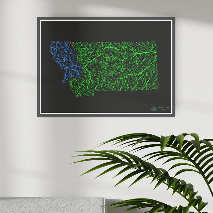 Montana - River basin map, rainbow on black - Fine Art Print