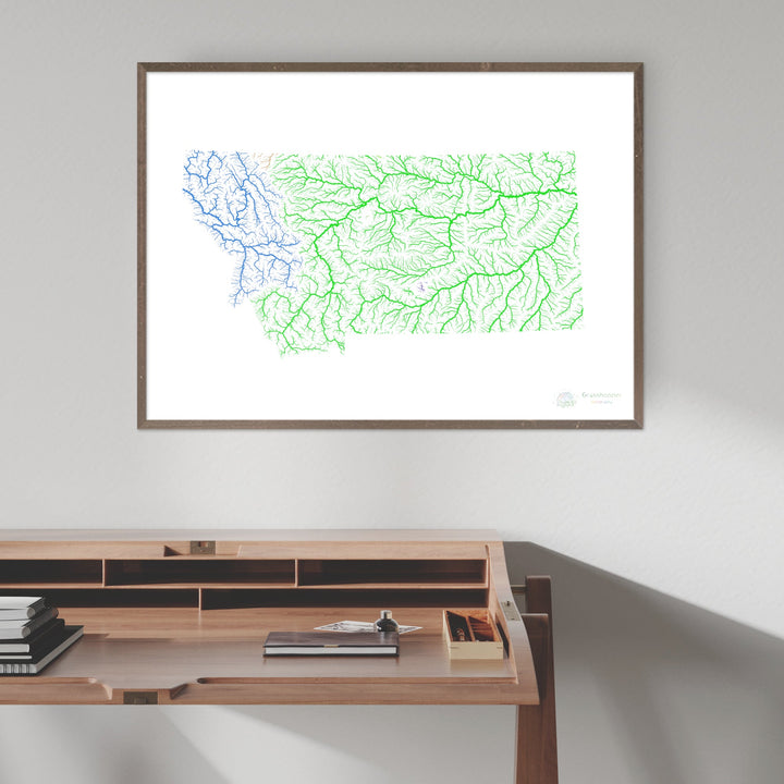 Montana - Carte du bassin fluvial, arc-en-ciel sur blanc - Fine Art Print