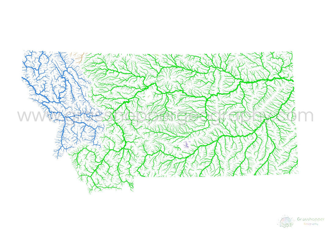 Montana - Carte du bassin fluvial, arc-en-ciel sur blanc - Fine Art Print