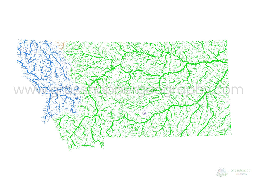 Montana - Mapa de la cuenca fluvial, arco iris sobre blanco - Impresión de bellas artes