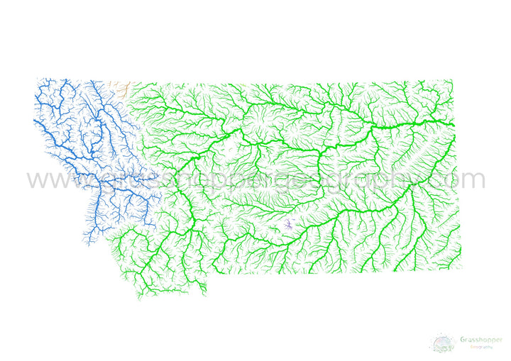 Montana - Mapa de la cuenca fluvial, arco iris sobre blanco - Impresión de bellas artes