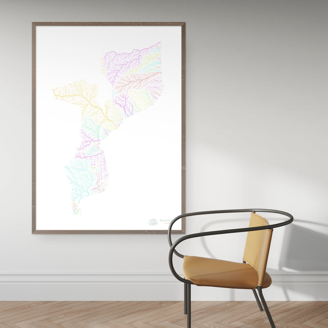 River basin map of Mozambique, pastel colours on white - Fine Art Print