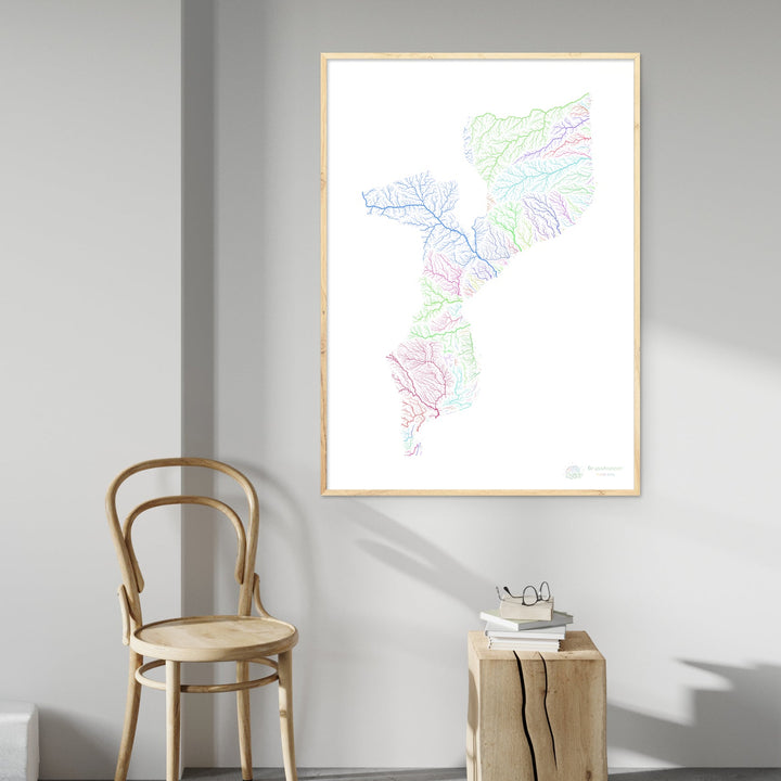 River basin map of Mozambique, rainbow colours on white Fine Art Print