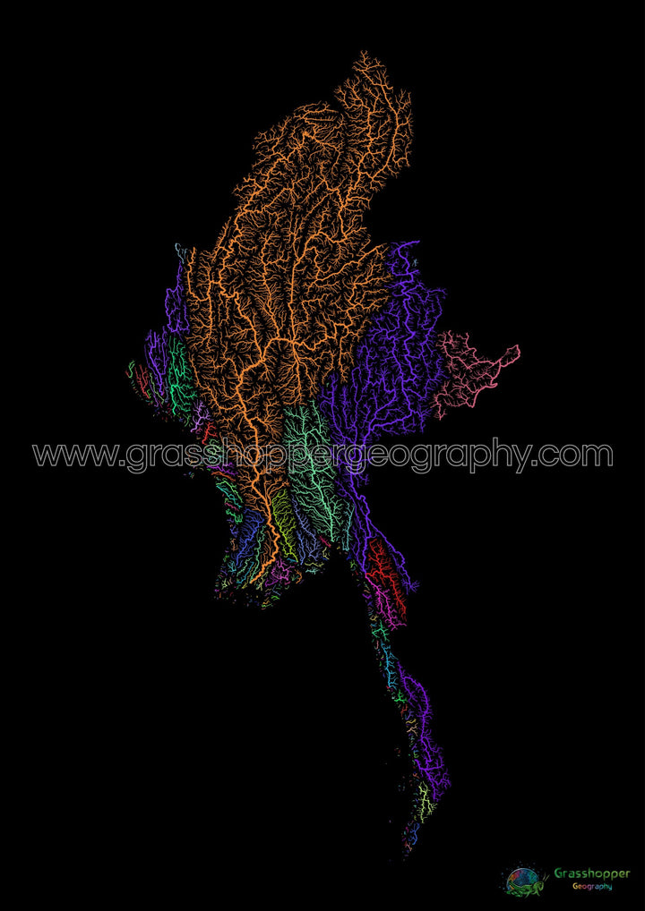 Myanmar - River basin map, rainbow on black - Fine Art Print