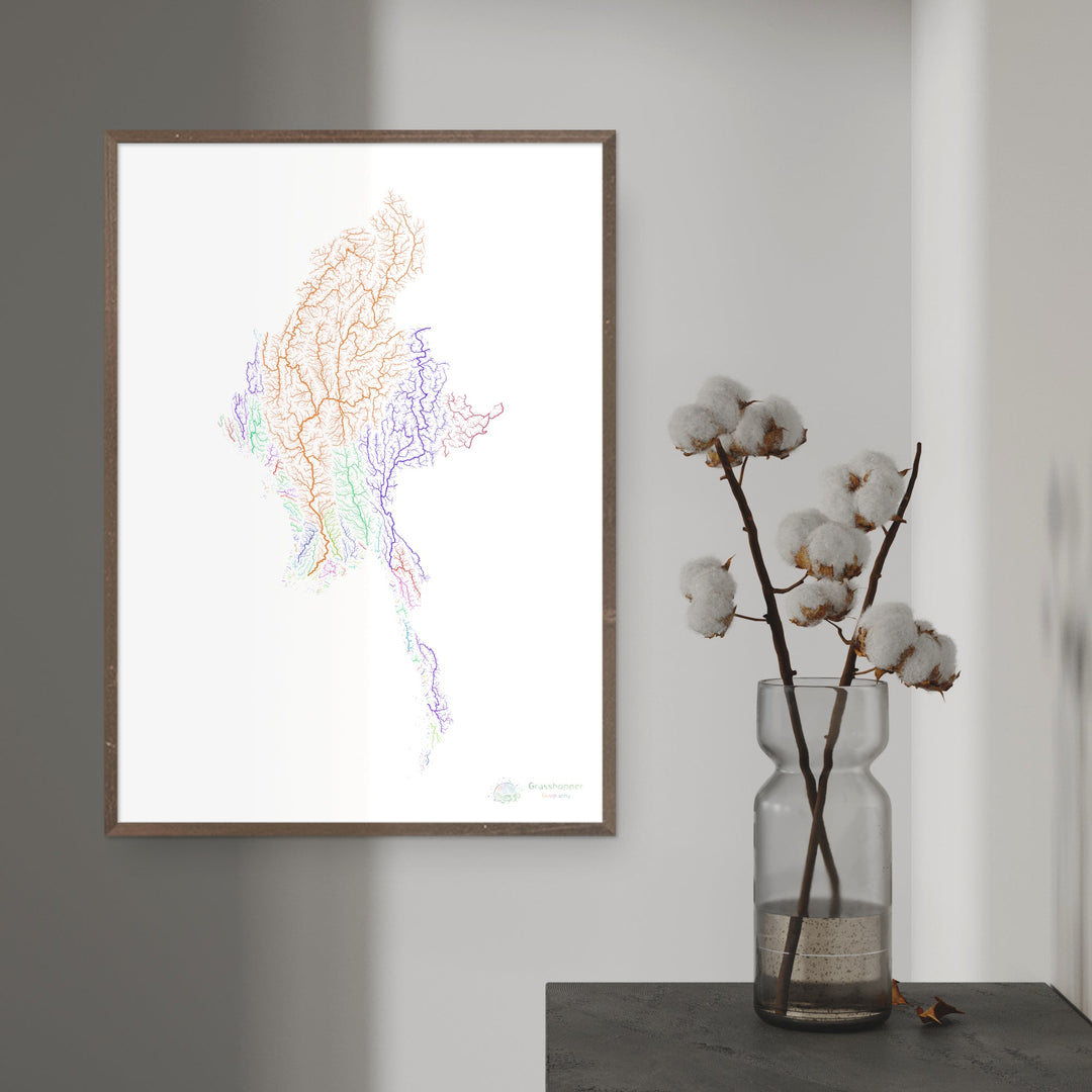 River basin map of Myanmar, rainbow colours on white - Fine Art Print