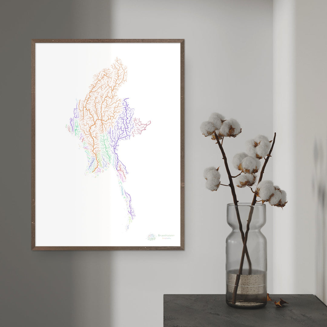 Myanmar - River basin map, rainbow on white - - Fine Art Print