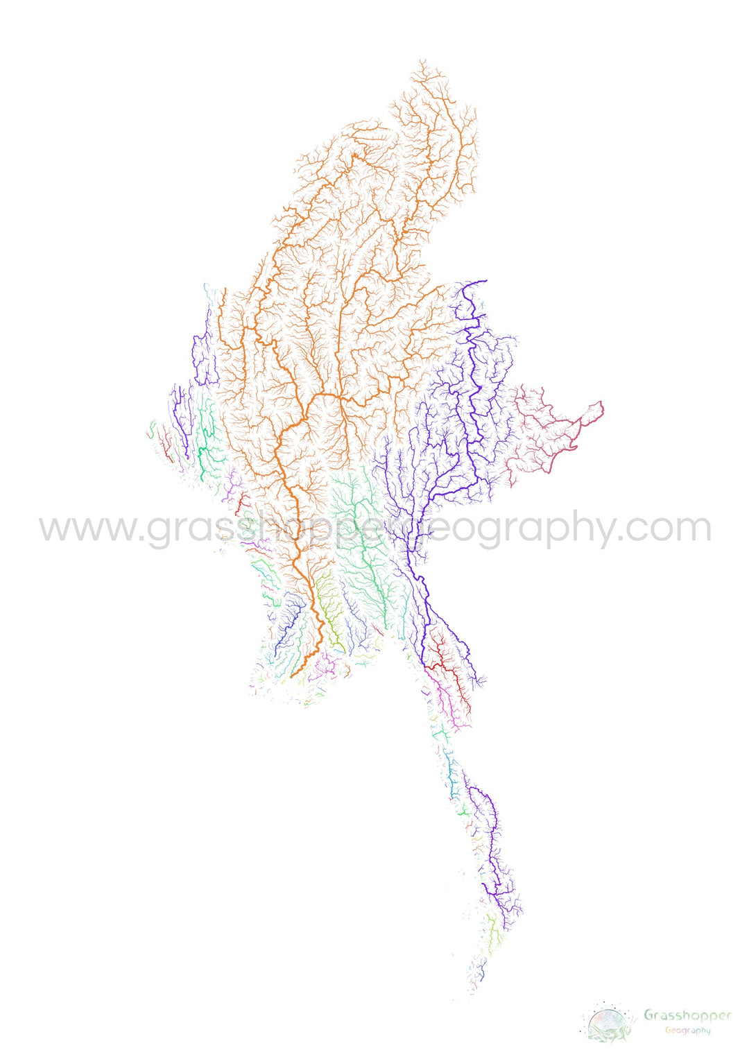 Myanmar - Mapa de la cuenca fluvial, arco iris sobre blanco - - Impresión de bellas artes