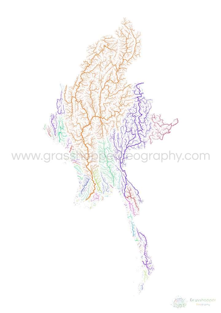 Myanmar - River basin map, rainbow on white - - Fine Art Print