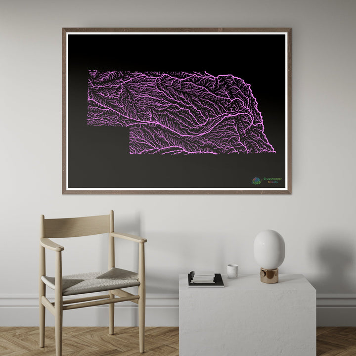 Nebraska - River basin map, pastel on black - Fine Art Print