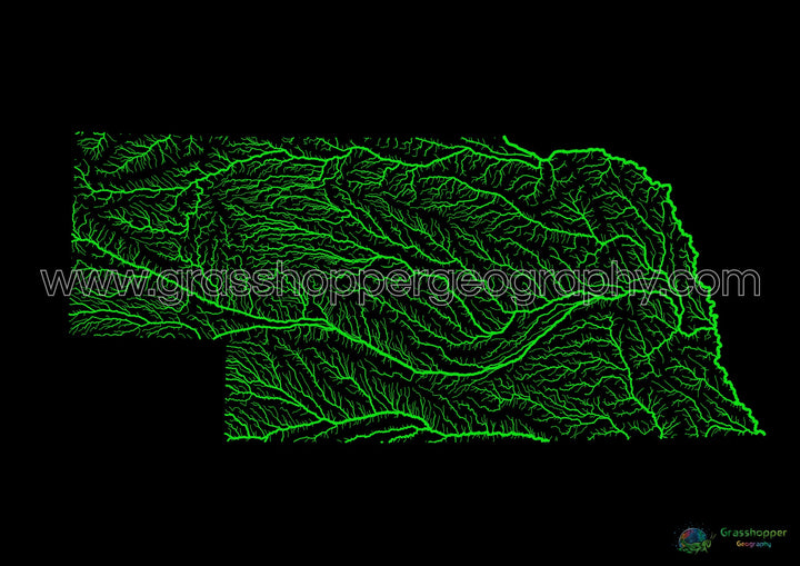 Nebraska - Mapa de la cuenca del río, arco iris sobre negro - Impresión de Bellas Artes