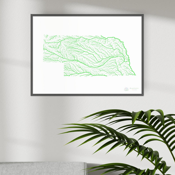 Nebraska - Carte du bassin fluvial, arc-en-ciel sur blanc - Fine Art Print