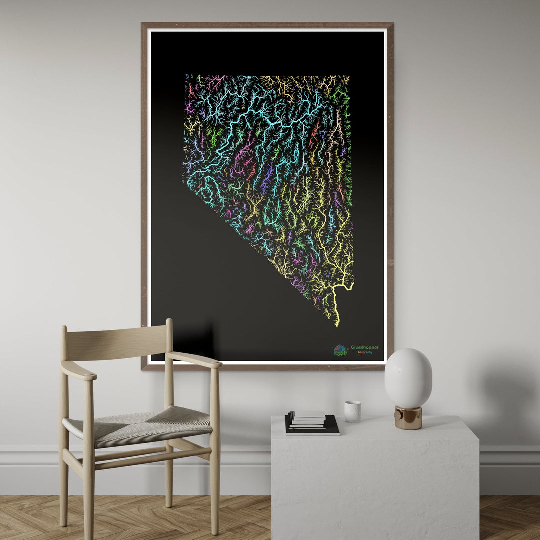 River basin map of Nevada, pastel colours on black - Fine Art Print