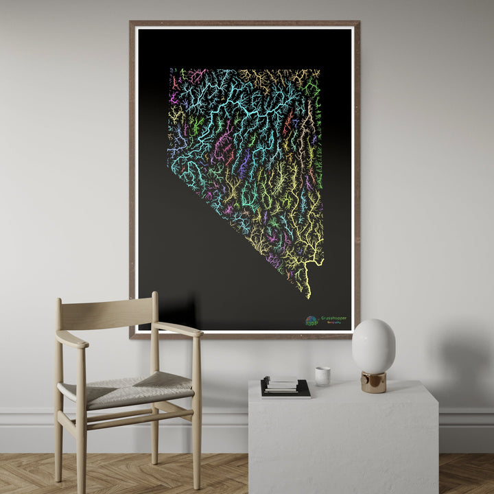 River basin map of Nevada, pastel colours on black - Fine Art Print