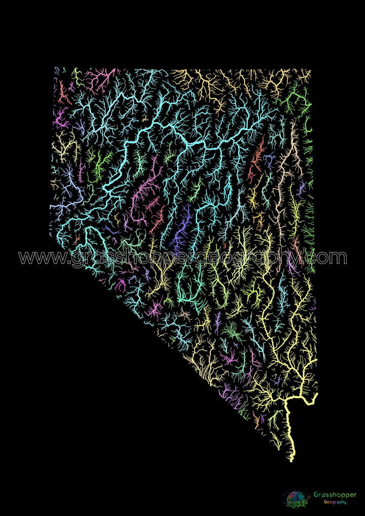 Nevada - Flussgebietskarte, Pastell auf Schwarz - Fine Art Print