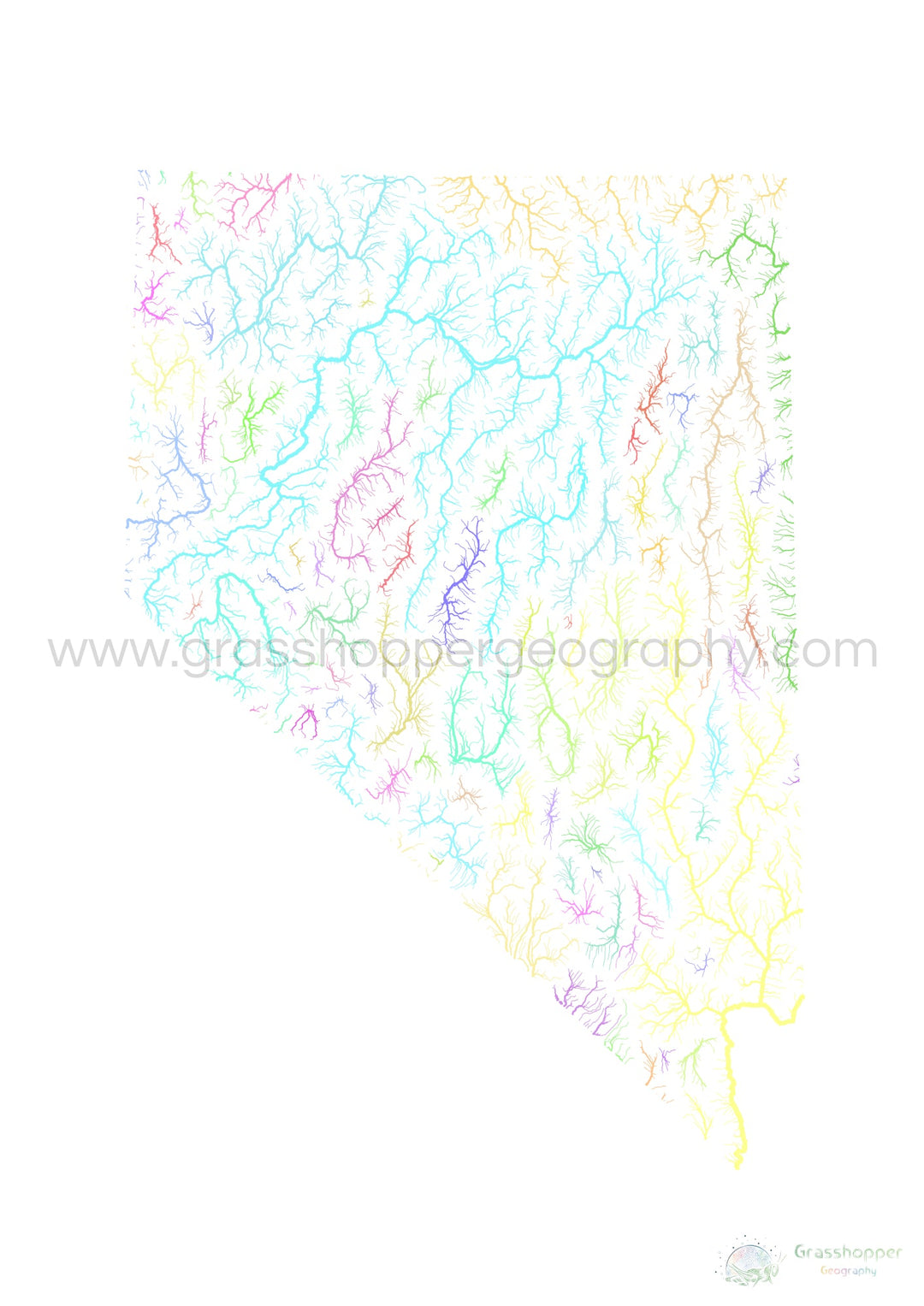 River basin map of Nevada, pastel colours on white - Fine Art Print