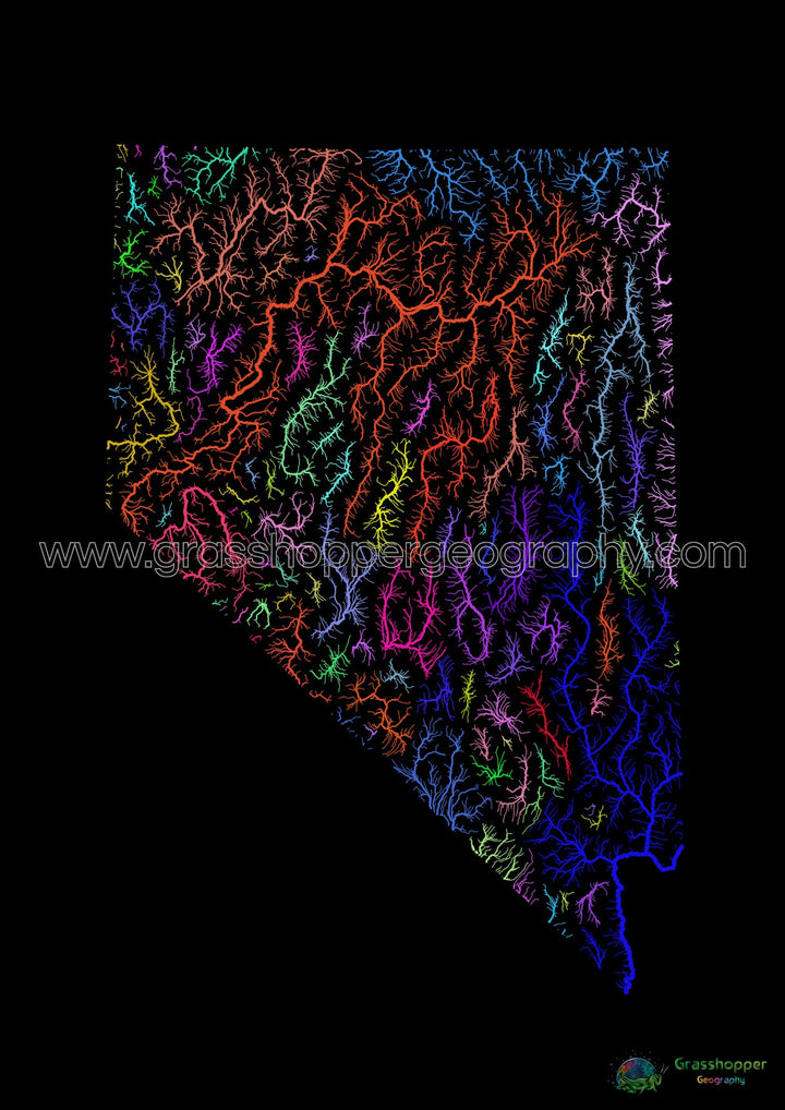 Nevada - Carte des bassins fluviaux, arc-en-ciel sur noir - Fine Art Print