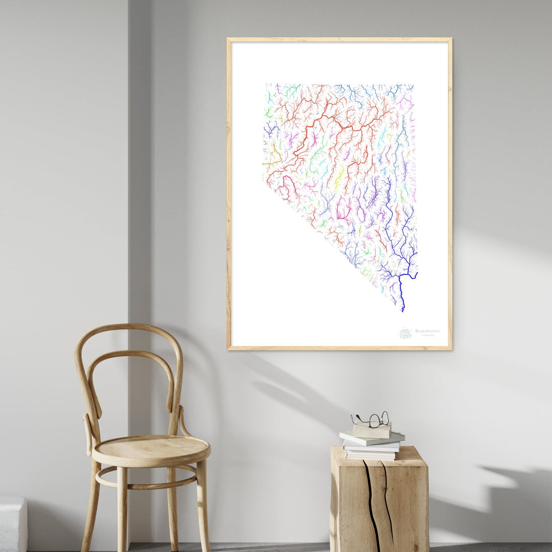 Nevada - River basin map, rainbow on white - Fine Art Print