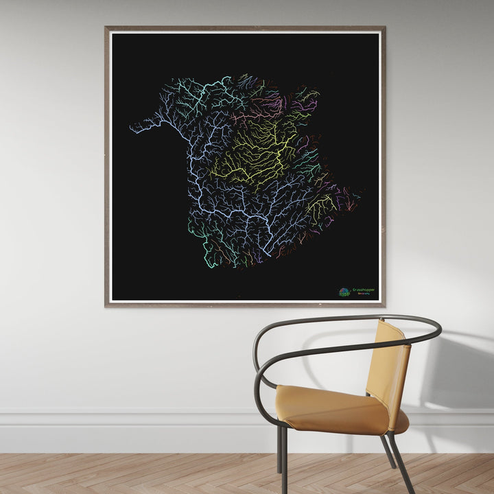 River basin map of New Brunswick, pastel colours on black - Fine Art Print