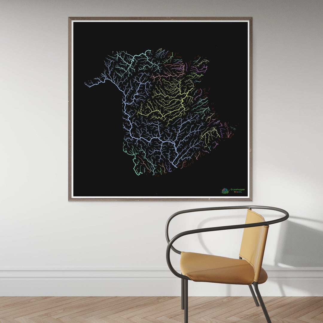 Nouveau-Brunswick - Carte des bassins fluviaux, pastel sur noir - Tirage d'art