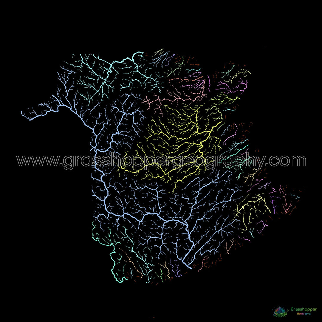 Nouveau-Brunswick - Carte des bassins fluviaux, pastel sur noir - Tirage d'art