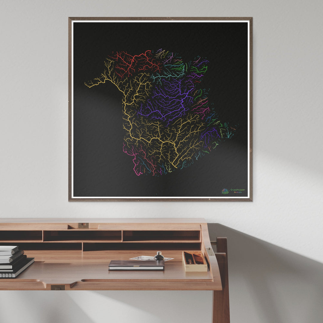 Nuevo Brunswick - Mapa de la cuenca fluvial, arco iris sobre negro - Impresión de bellas artes