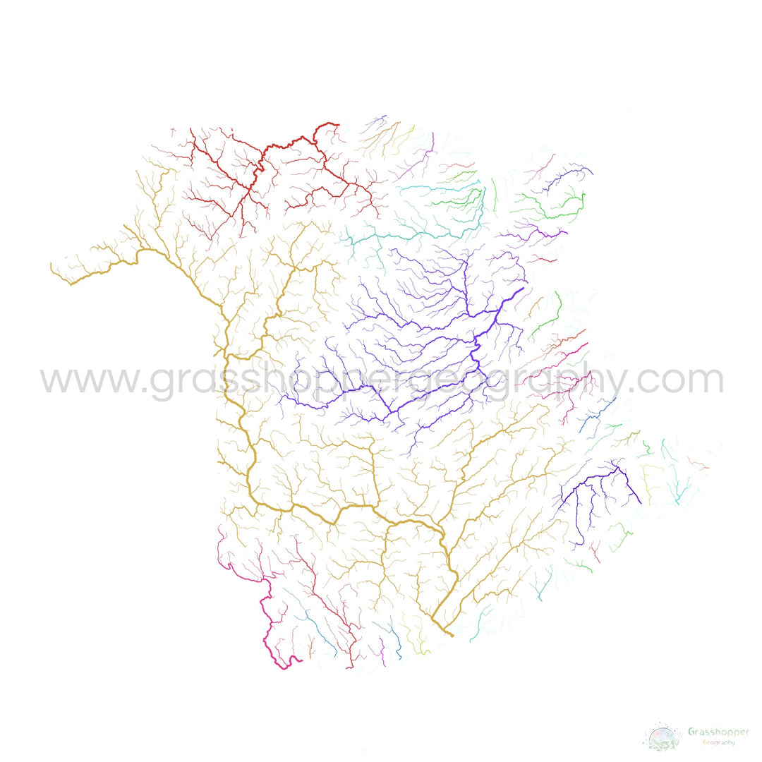 Nuevo Brunswick - Mapa de la cuenca fluvial, arco iris sobre blanco - Impresión de bellas artes