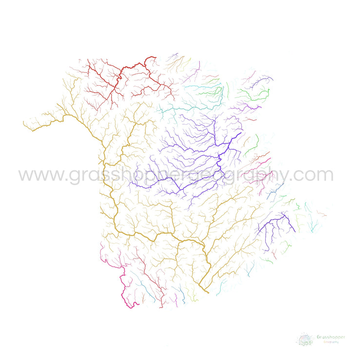 Nouveau-Brunswick - Carte du bassin fluvial, arc-en-ciel sur blanc - Tirage d'art