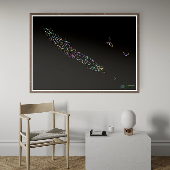 New Caledonia - River basin map, pastel on black - Fine Art Print