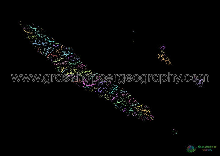 Nueva Caledonia - Mapa de la cuenca fluvial, pastel sobre negro - Impresión de Bellas Artes