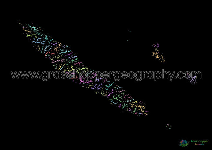 New Caledonia - River basin map, pastel on black - Fine Art Print