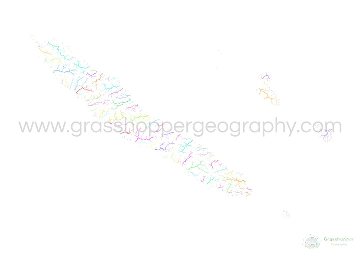 Nouvelle-Calédonie - Carte des bassins fluviaux, pastel sur blanc - Fine Art Print