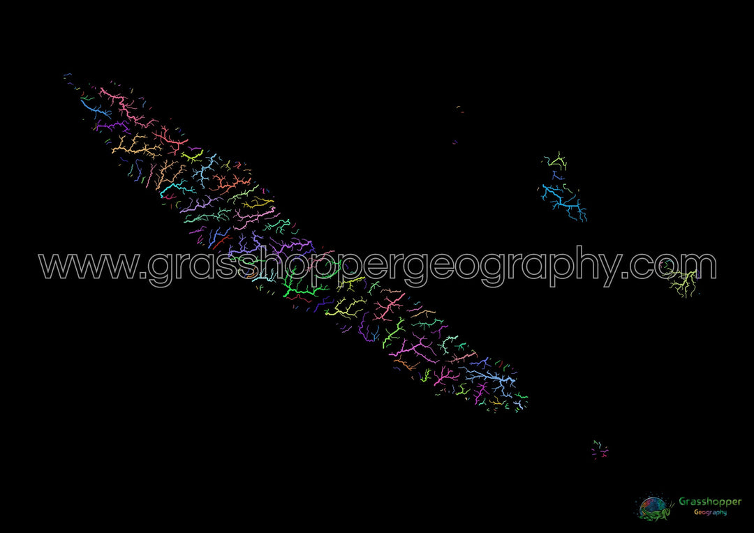 Nueva Caledonia - Mapa de la cuenca fluvial, arco iris sobre negro - Impresión de Bellas Artes