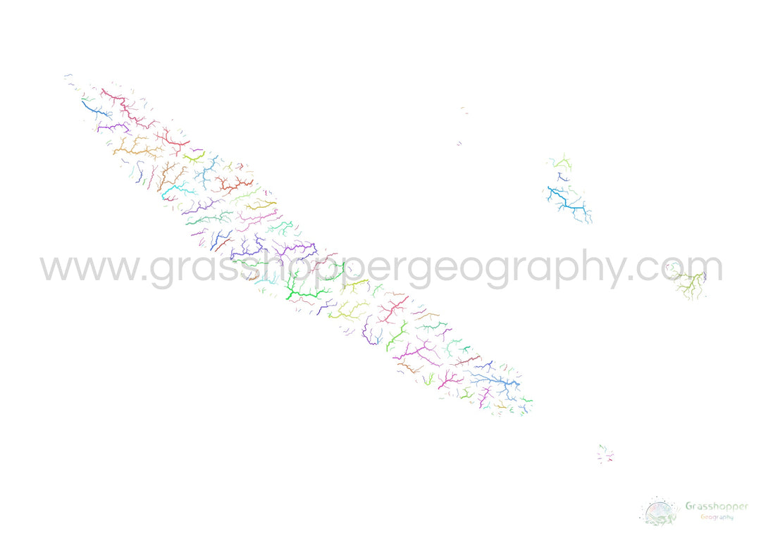 Nouvelle-Calédonie - Carte des bassins fluviaux, arc-en-ciel sur blanc - Fine Art Print