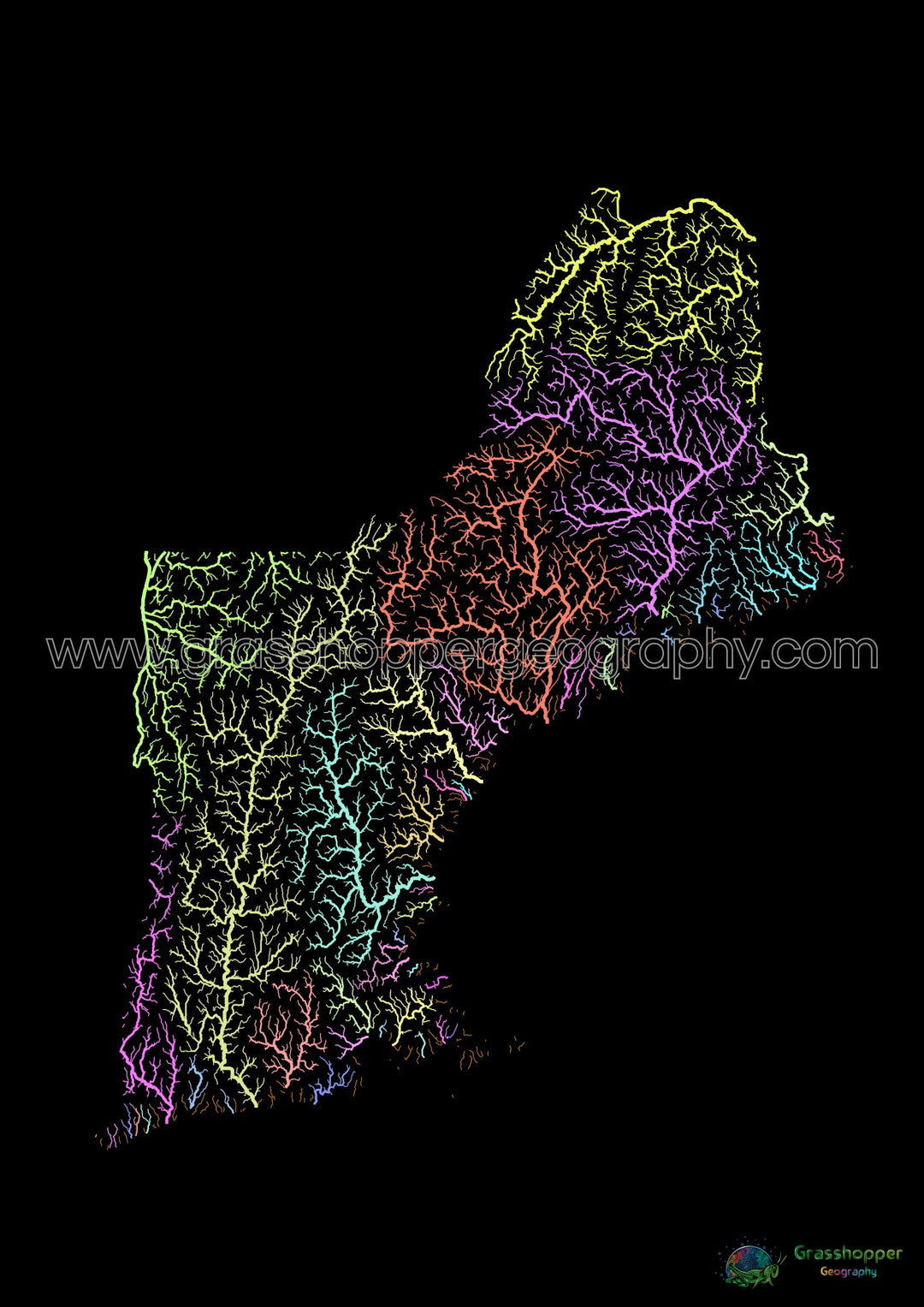 New England - River basin map, pastel on black - Fine Art Print
