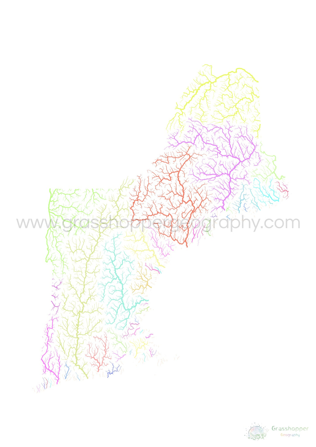 New England - River basin map, pastel on white - Fine Art Print