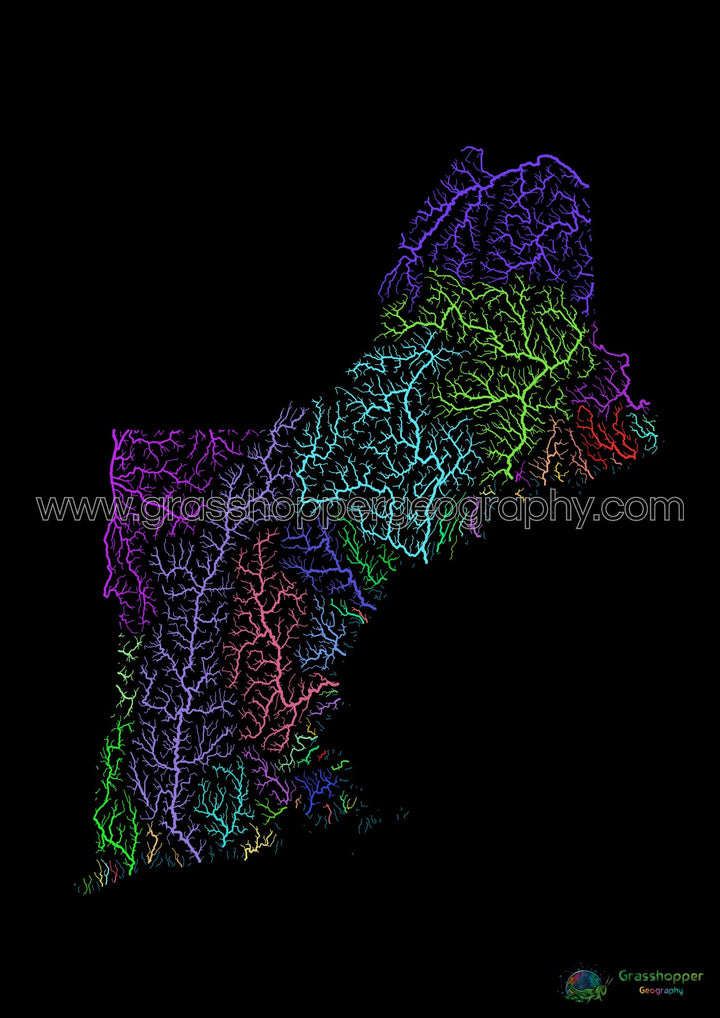 Nueva Inglaterra - Mapa de la cuenca fluvial, arco iris sobre negro - Impresión de bellas artes