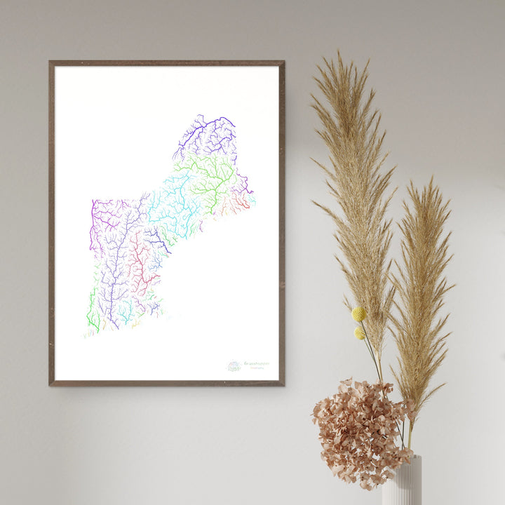 New England - River basin map, rainbow on white - Fine Art Print
