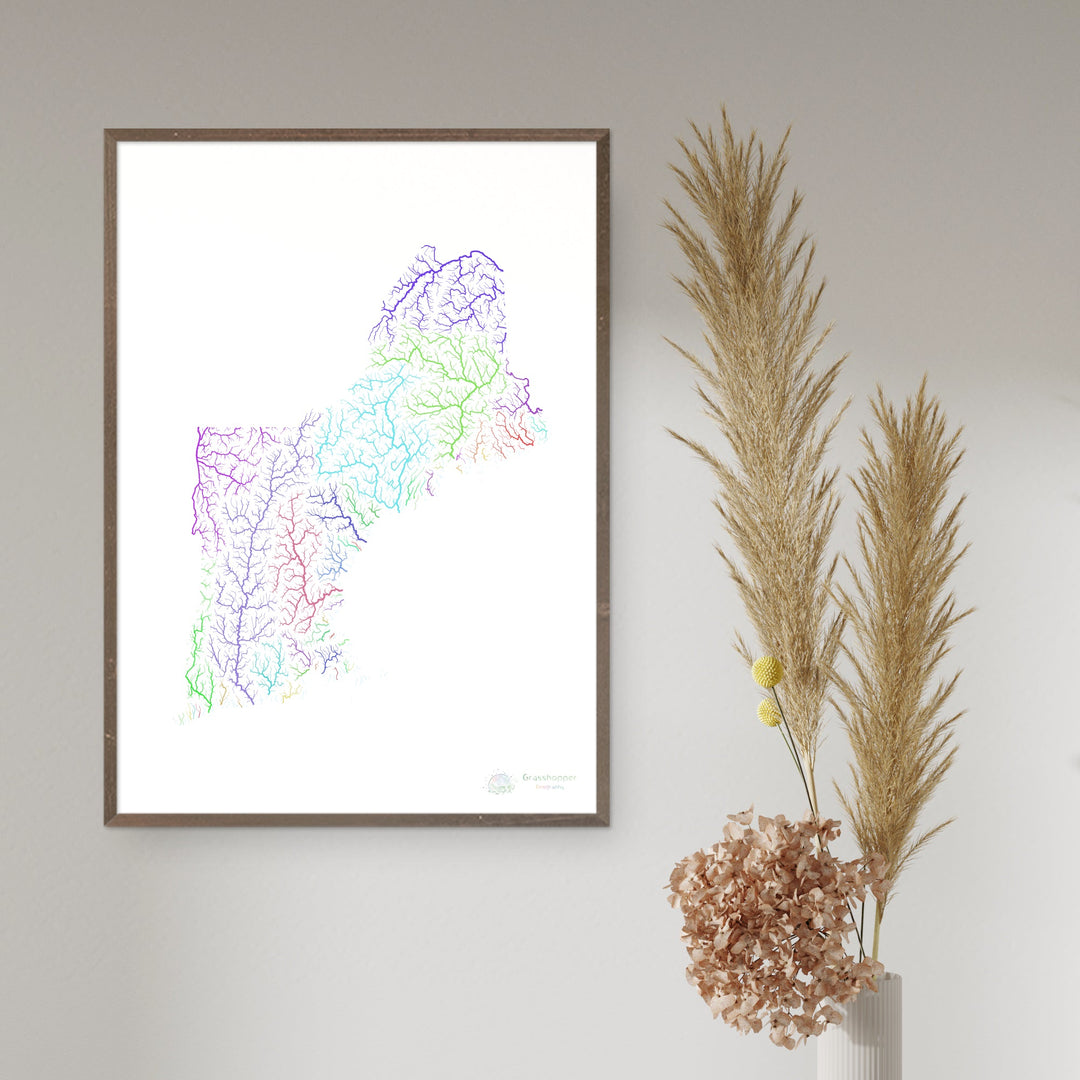 Nueva Inglaterra - Mapa de la cuenca fluvial, arco iris sobre blanco - Impresión de Bellas Artes