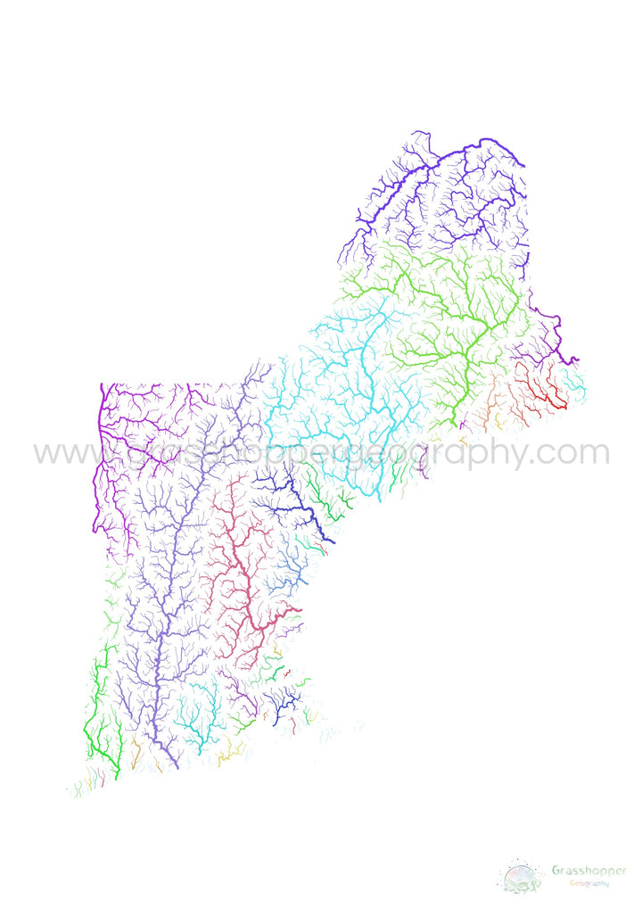 Nueva Inglaterra - Mapa de la cuenca fluvial, arco iris sobre blanco - Impresión de Bellas Artes