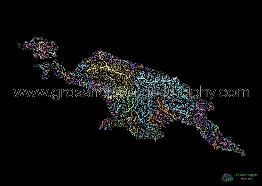 Nueva Guinea - Mapa de la cuenca fluvial, pastel sobre negro - Impresión de Bellas Artes