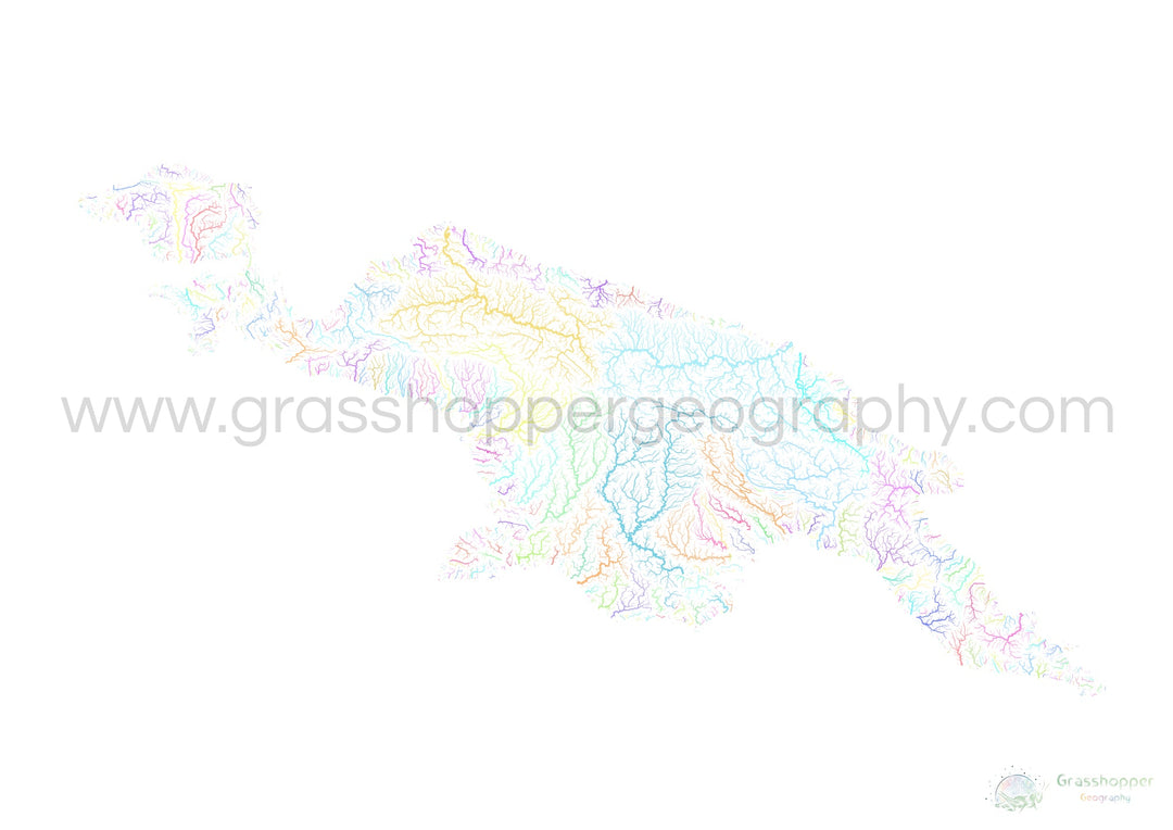 Nouvelle-Guinée - Carte des bassins fluviaux, pastel sur blanc - Fine Art Print