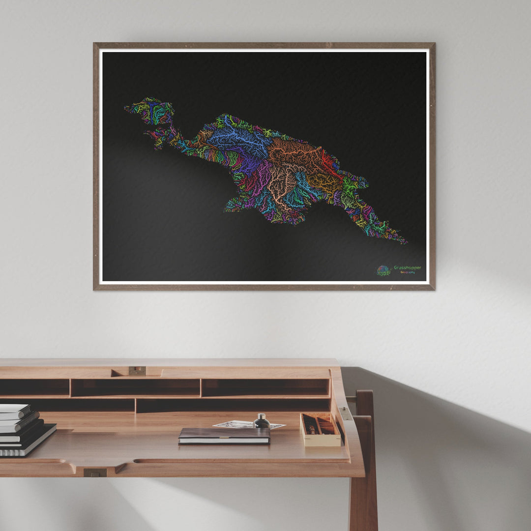 New Guinea - River basin map, rainbow on black - Fine Art Print