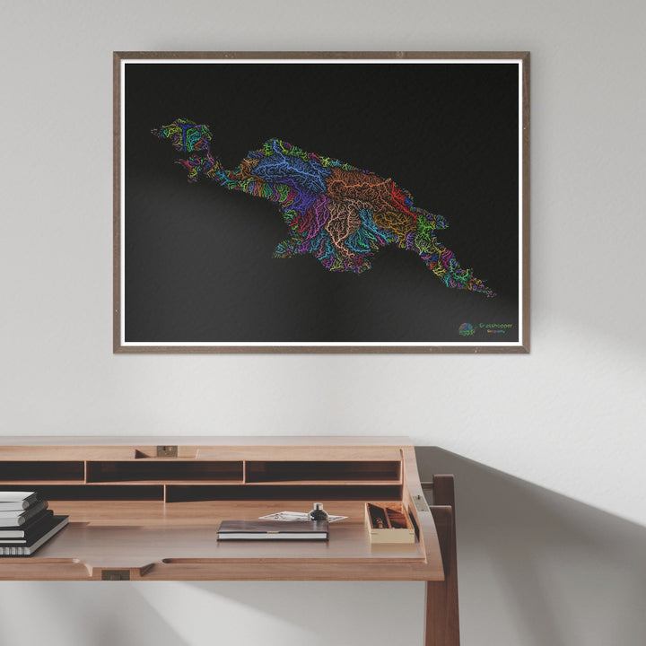 Nueva Guinea - Mapa de la cuenca fluvial, arco iris sobre negro - Impresión de Bellas Artes