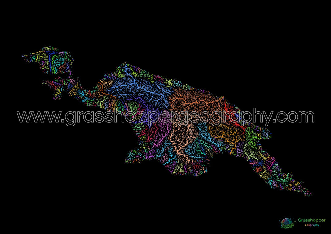 River basin map of New Guinea, rainbow colours on black - Fine Art Print