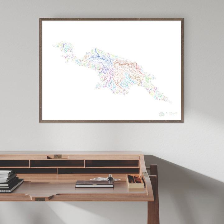 Nueva Guinea - Mapa de la cuenca fluvial, arco iris sobre blanco - Impresión de Bellas Artes
