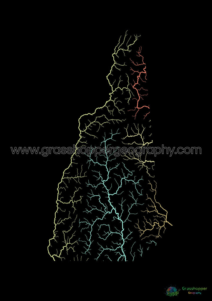 River basin map of New Hampshire, pastel colours on black - Fine Art Print