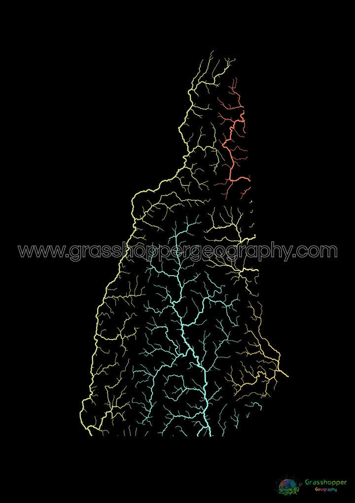 New Hampshire - Flussgebietskarte, Pastell auf Schwarz - Fine Art Print
